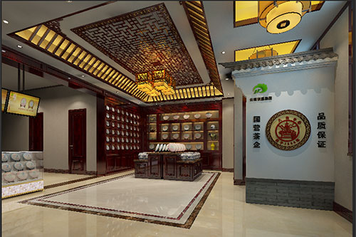 通道古朴典雅的中式茶叶店大堂设计效果图